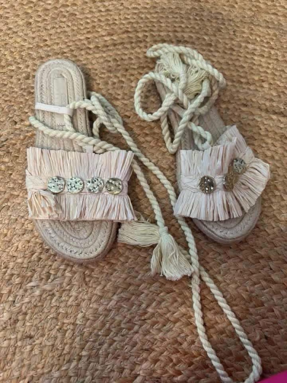 ASOS Cream Raffia Fringe Lace-Up Sandals with Shell Accents